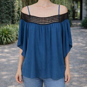Audrey Ann Blue Off-Shoulder Blouse with Black Crochet